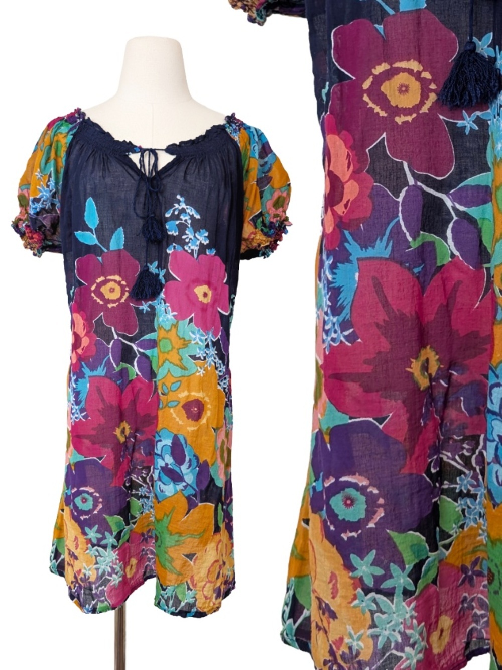 Floral Mini Dress Sheer Lola Size Large Milkmaid Peasant Navy
